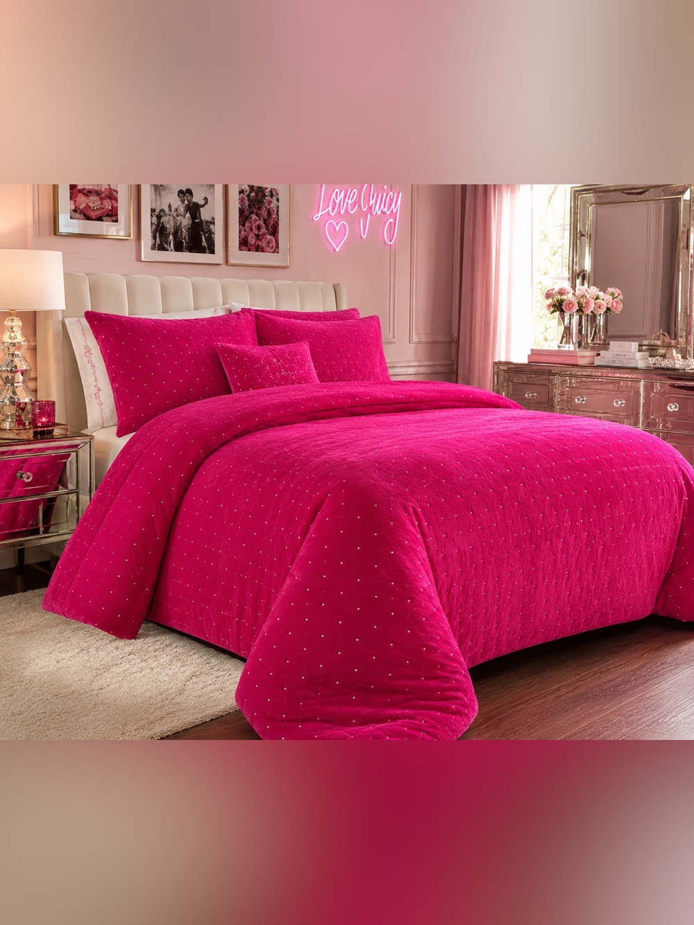 💕RARE NEW WITH TAGS JUICY COUTURE PINK VELOUR RHINESTONE 4 PIECE BEDDING SET